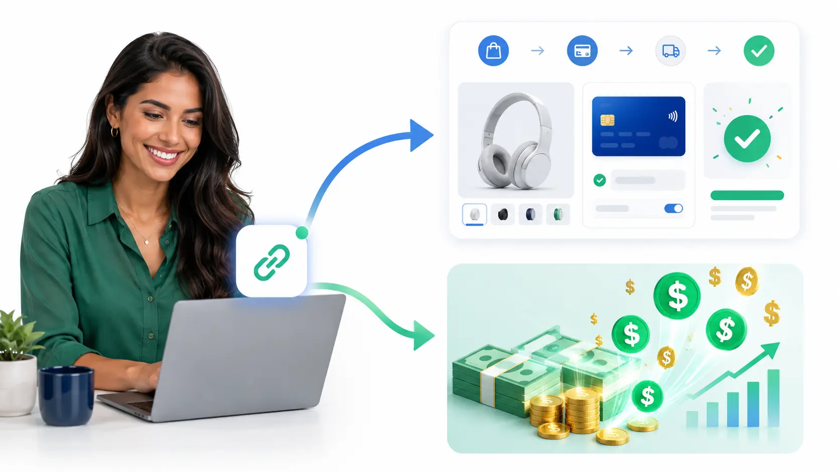 Ilustração mostrando como funciona o link de afiliado: você divulga o link, o comprador clica, realiza a compra e você recebe a comissão na plataforma