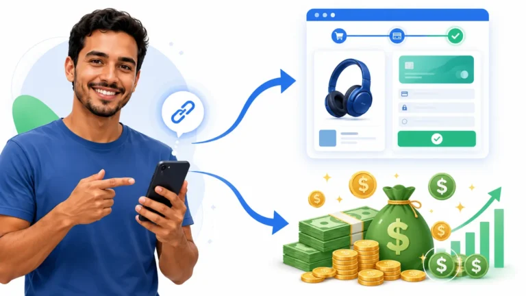 Infográfico explicando o que é marketing de afiliados: produtor cria o produto, afiliado divulga com link único, comprador clica e compra, afiliado recebe a comissão automaticamente