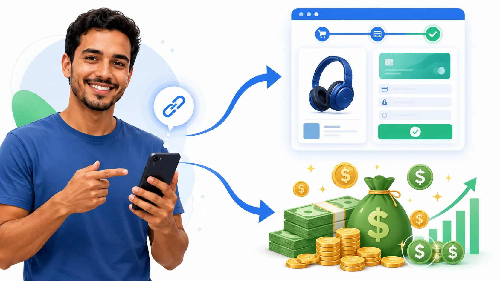 Infográfico explicando o que é marketing de afiliados: produtor cria o produto, afiliado divulga com link único, comprador clica e compra, afiliado recebe a comissão automaticamente