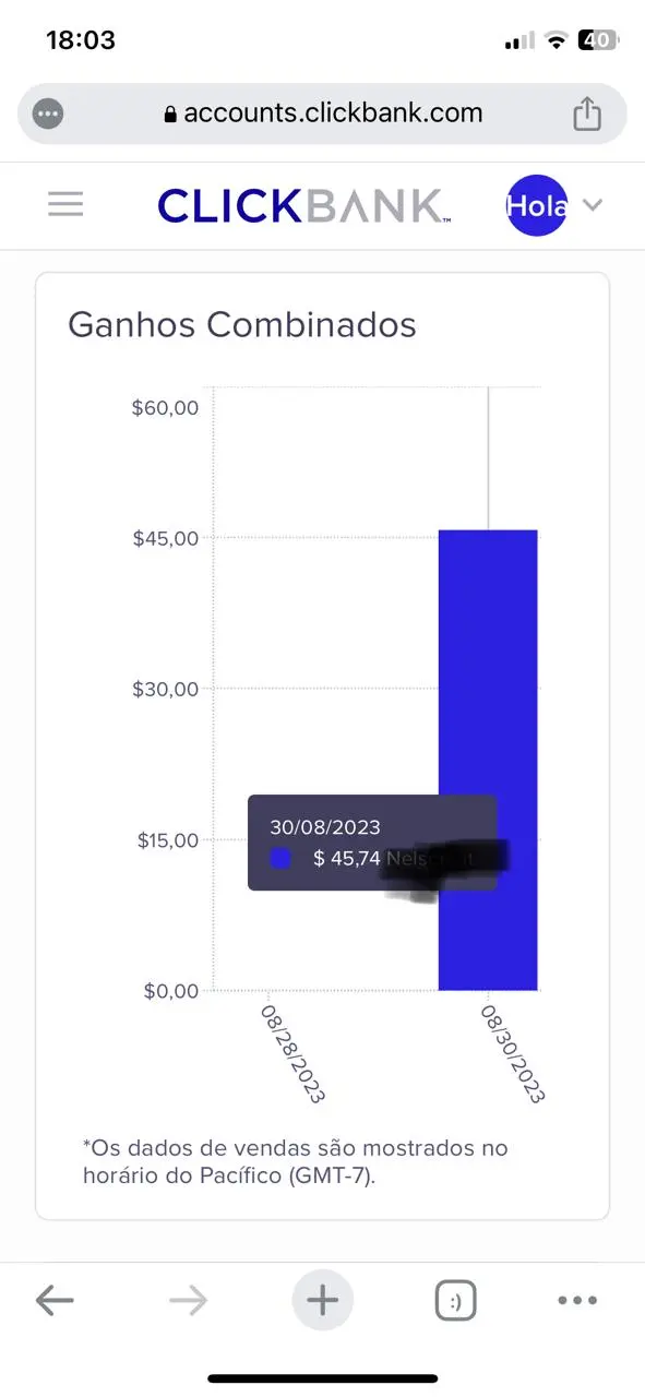 print da primeira venda de 45 dólares no ClickBank em agosto de 2023
