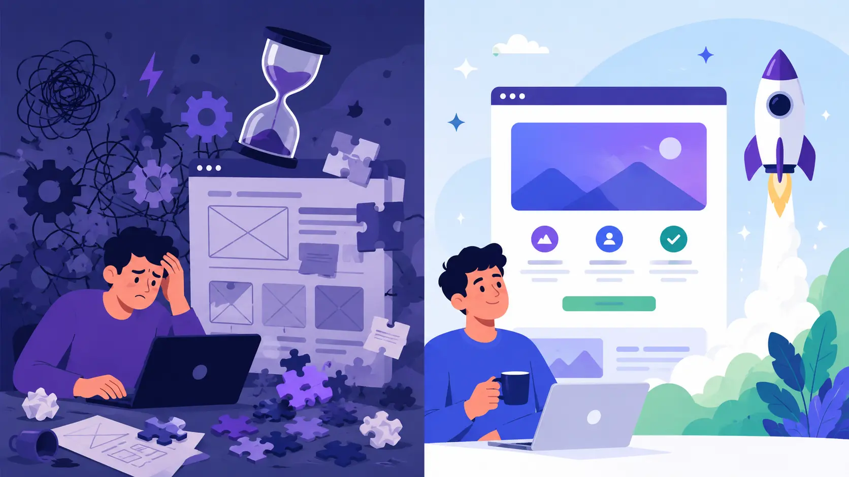 criação de landing page demorada no caminho tradicional versus construtor rápido