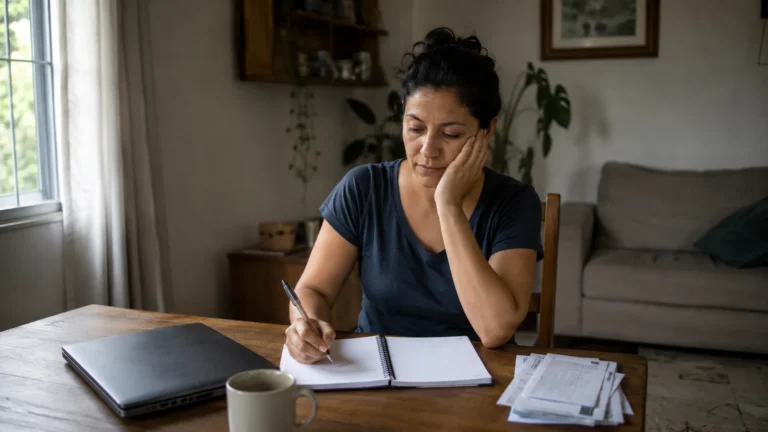 Mulher fazendo uma lista de ideias de renda extra na mesa de casa