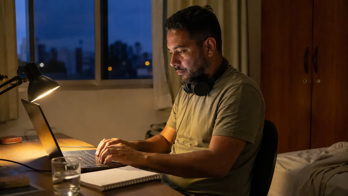 Homem trabalhando algumas horas no computador em casa no fim da tarde